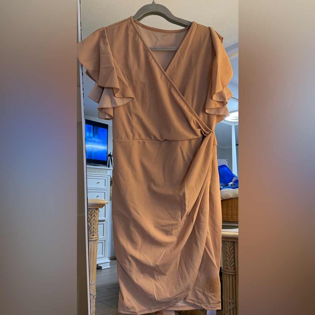 New Nude Pink V Neck Ruffle Sleeve Classic Career Faux Wrap Midi Dress 14